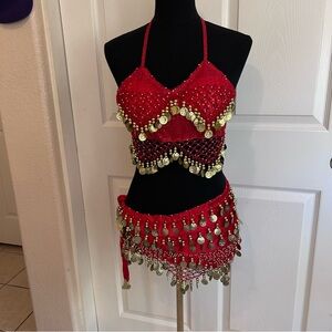 Red Belly Dance Outfit Set Coin Top & Skirt Small Festival Costume
